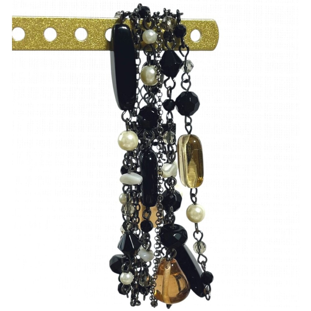 Multi Strand Chain Beaded Bracelet Gunmetal Gray Black Retro Bohemian Glass Art